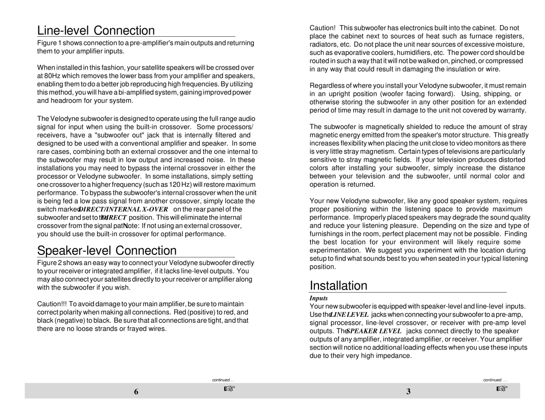 Velodyne Acoustics VLF-810, VLF-1012 owner manual Line-level Connection, Speaker-level Connection, Installation, Inputs 