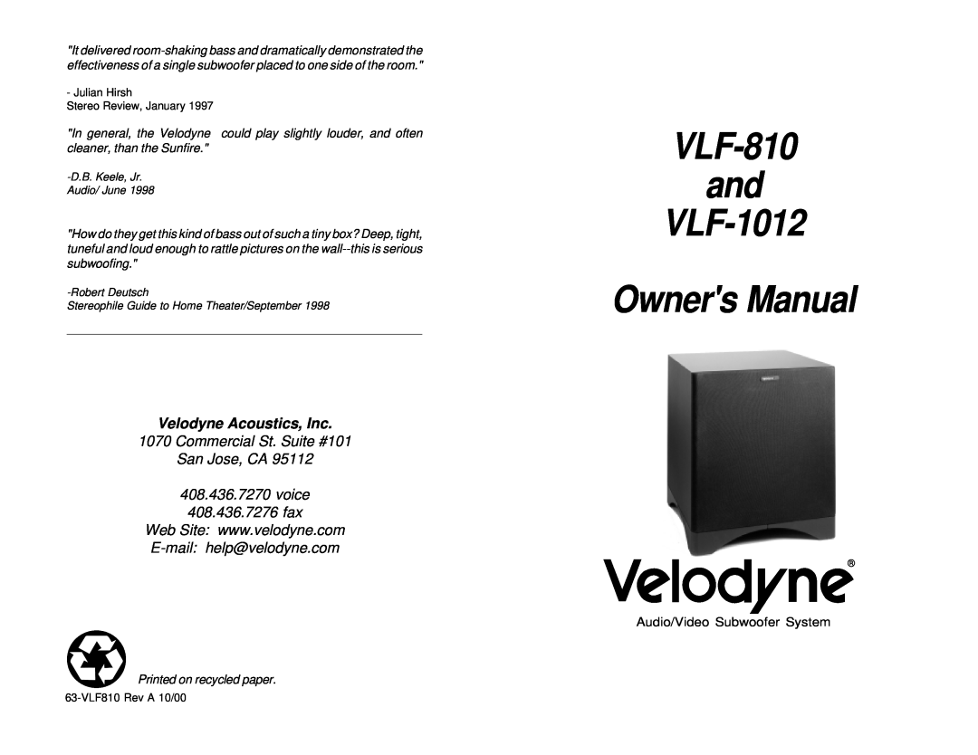 Velodyne Acoustics VLF-810, VLF-1012 owner manual Velodyne Acoustics, Inc, Commercial St. Suite #101 San Jose, CA 