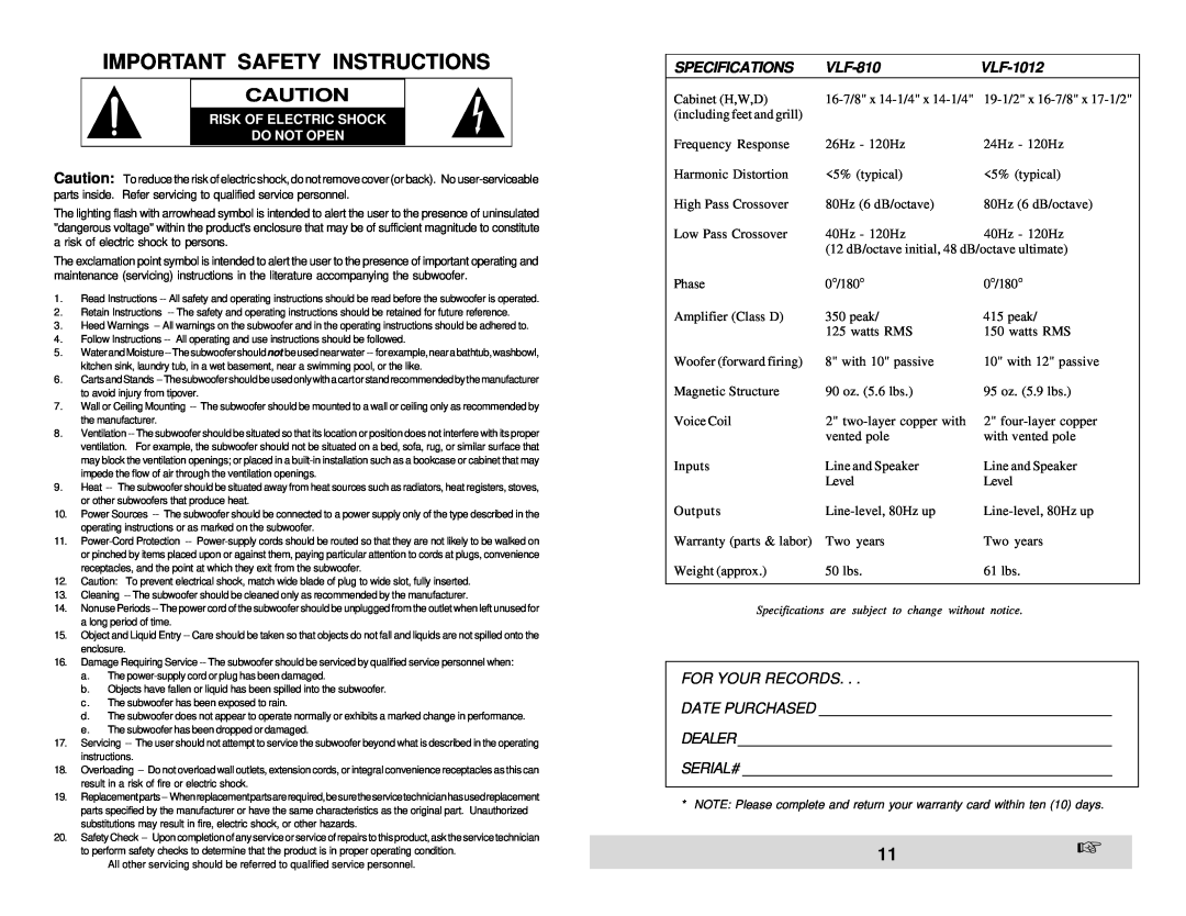 Velodyne Acoustics VLF-1012 owner manual Important Safety Instructions, Specifications, VLF-810 