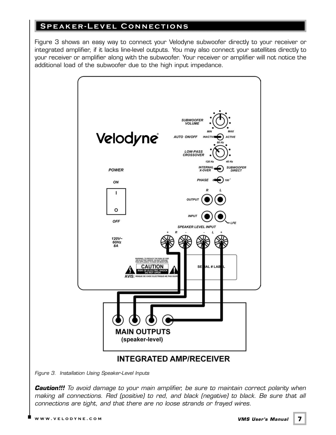 Velodyne Acoustics VMS-8 user manual Speaker Level Connections, Installation Using Speaker-Level Inputs 