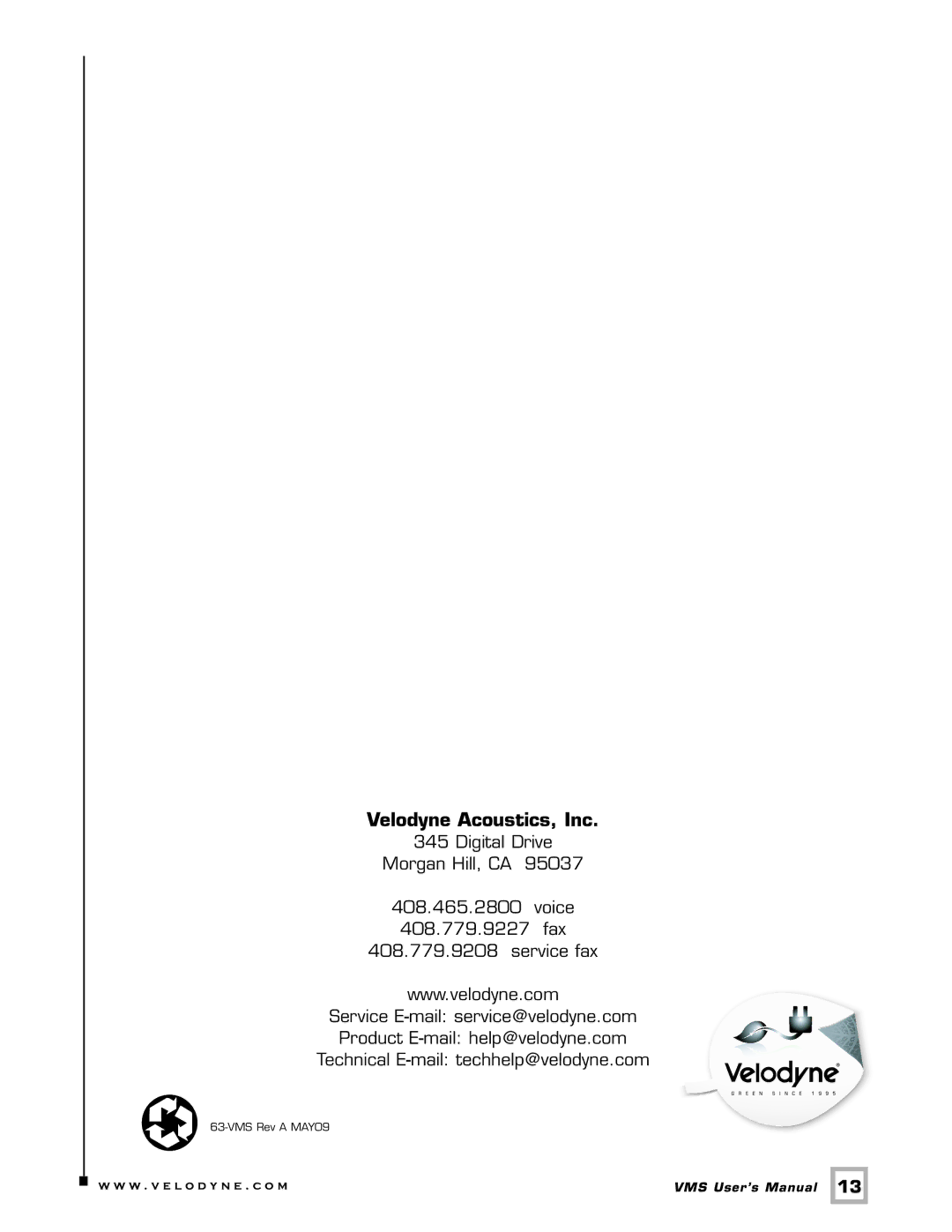 Velodyne Acoustics VMS-8 user manual Velodyne Acoustics, Inc 