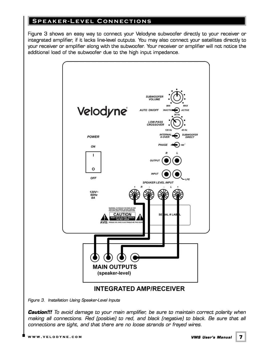 Velodyne Acoustics VMS-8 user manual Speaker - Level Connections, Installation Using Speaker-LevelInputs 