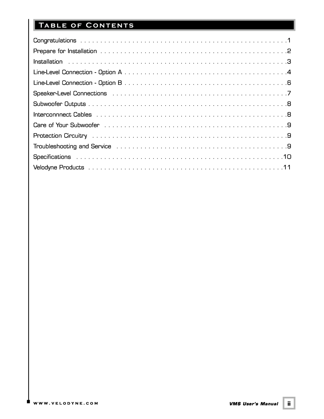 Velodyne Acoustics VMS-8 user manual Table of Contents, w w w . v e l o d y n e . c o m 