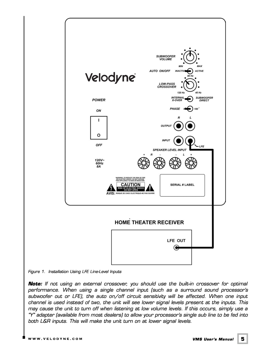 Velodyne Acoustics VMS-8 user manual Installation Using LFE Line-LevelInputs 