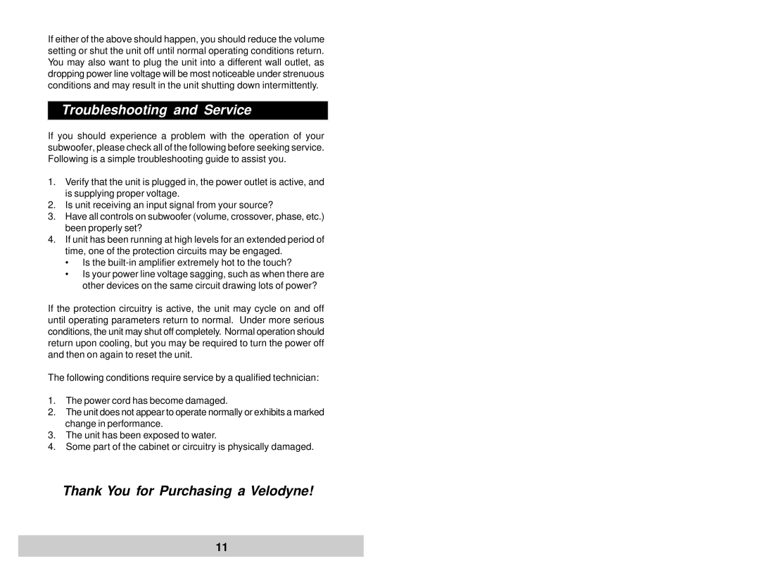 Velodyne Acoustics VRP-1000, VRP-1200 user manual Troubleshooting and Service, Thank You for Purchasing a Velodyne 