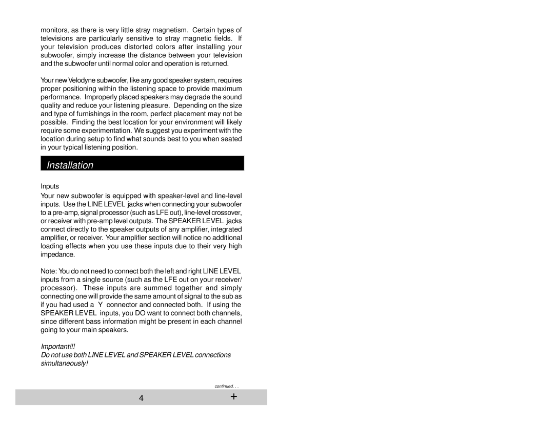 Velodyne Acoustics VRP-1200, VRP-1000 user manual Installation, Inputs 