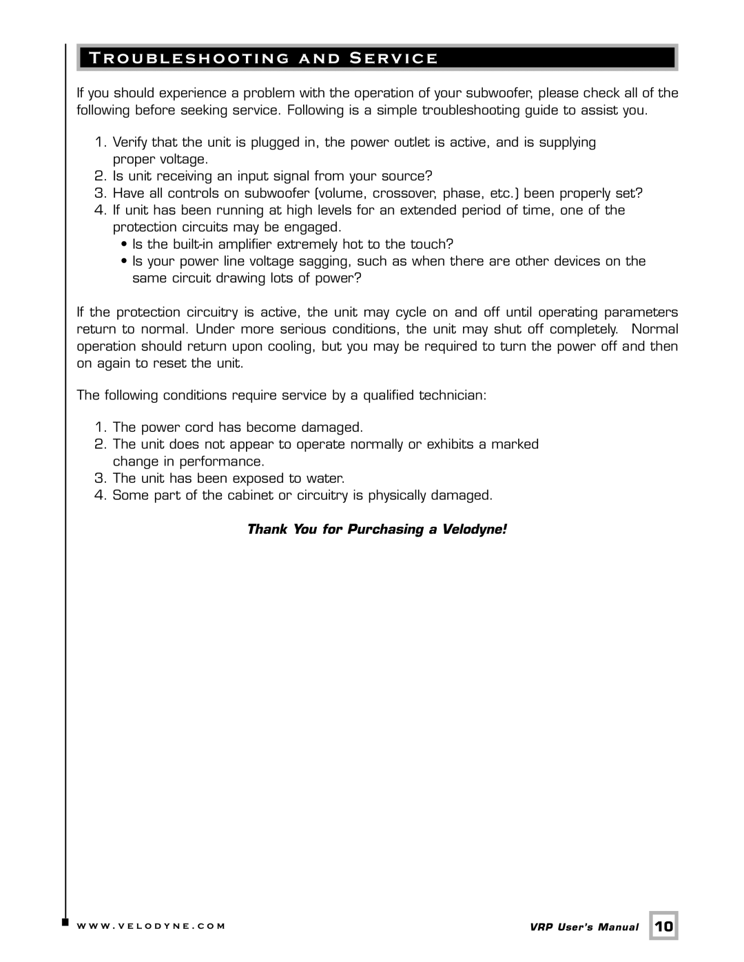 Velodyne Acoustics VRP Series user manual Troubleshooting and Service 