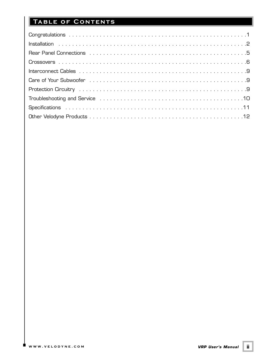 Velodyne Acoustics VRP Series user manual Table of Contents 