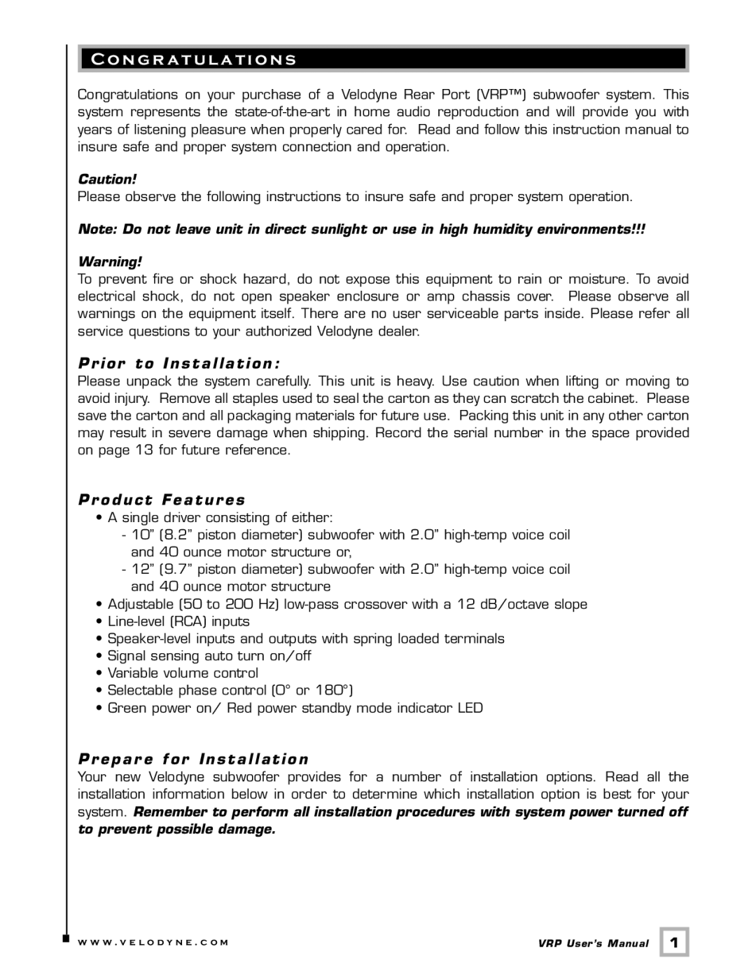 Velodyne Acoustics VRP Series user manual N g r a t u l a t i o n s, Prior to Installation, Pr oduct Featur es 