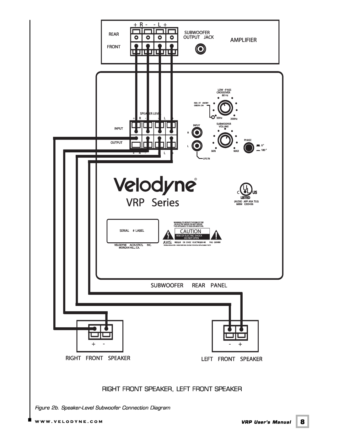 Velodyne Acoustics VRP Series user manual Right Front Speaker, Left Front Speaker, w w w . v e l o d y n e . c o m 