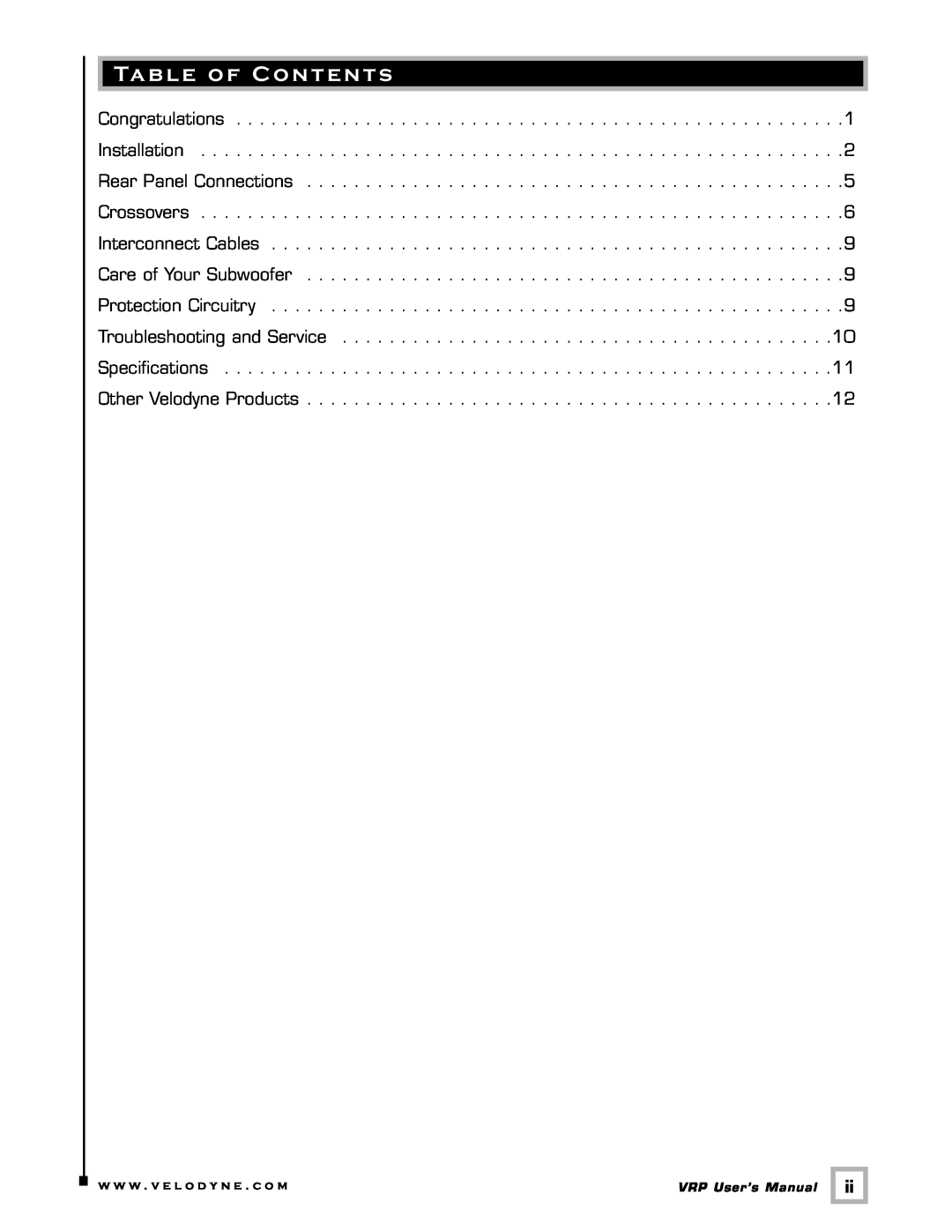Velodyne Acoustics VRP Series user manual Table of Contents, w w w . v e l o d y n e . c o m 