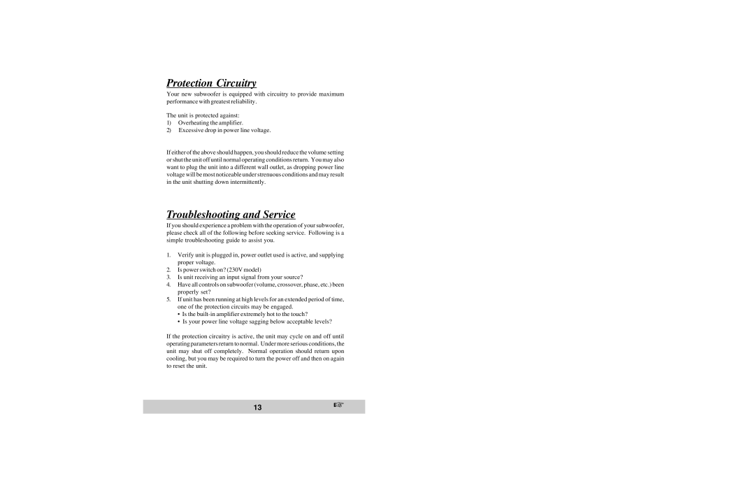 Velodyne Acoustics VX-10 owner manual Protection Circuitry, Troubleshooting and Service 