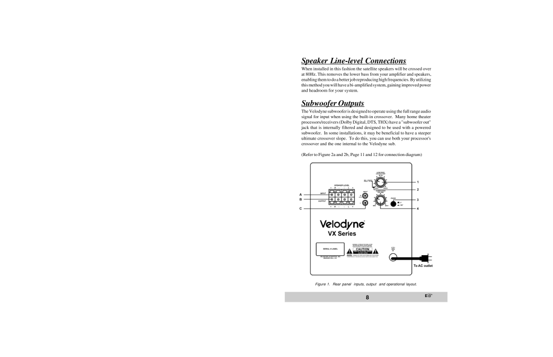 Velodyne Acoustics VX-10 owner manual Speaker Line-level Connections, Subwoofer Outputs 