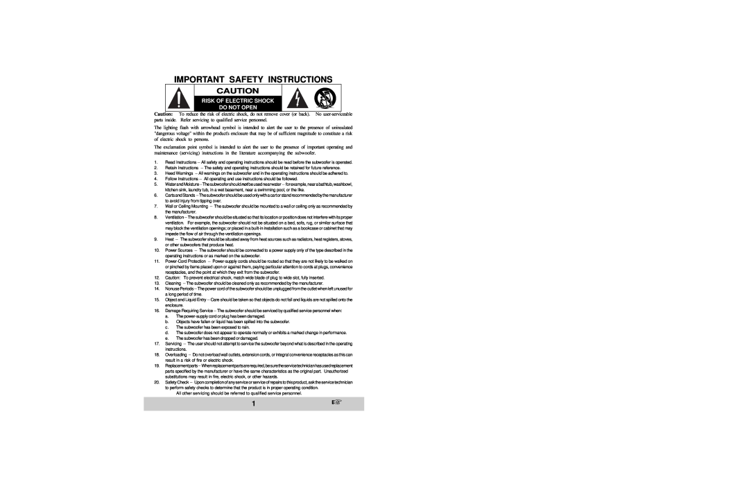 Velodyne Acoustics VX-10 owner manual Important Safety Instructions, Risk Of Electric Shock Do Not Open 