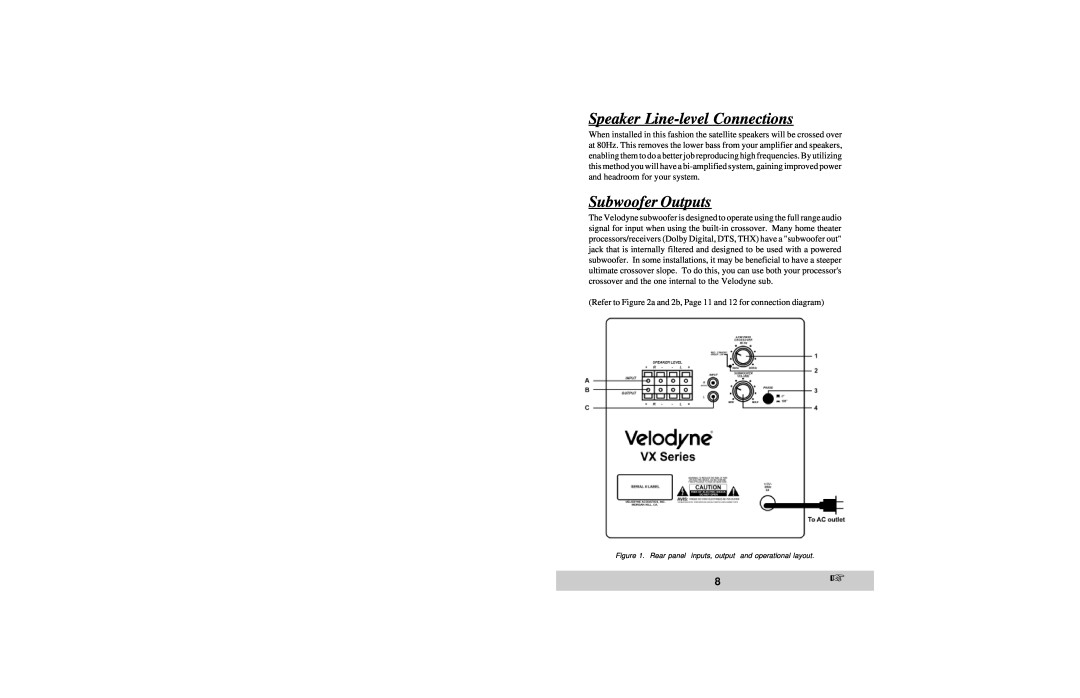 Velodyne Acoustics VX-10 owner manual Speaker Line-levelConnections, Subwoofer Outputs 