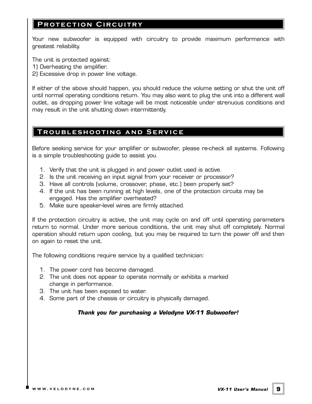 Velodyne Acoustics VX-11 user manual Protection Circuitry, Troubleshooting and Service 