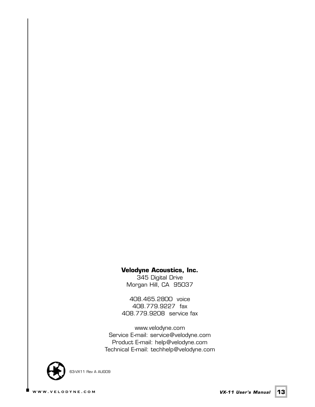 Velodyne Acoustics VX-11 user manual Velodyne Acoustics, Inc 