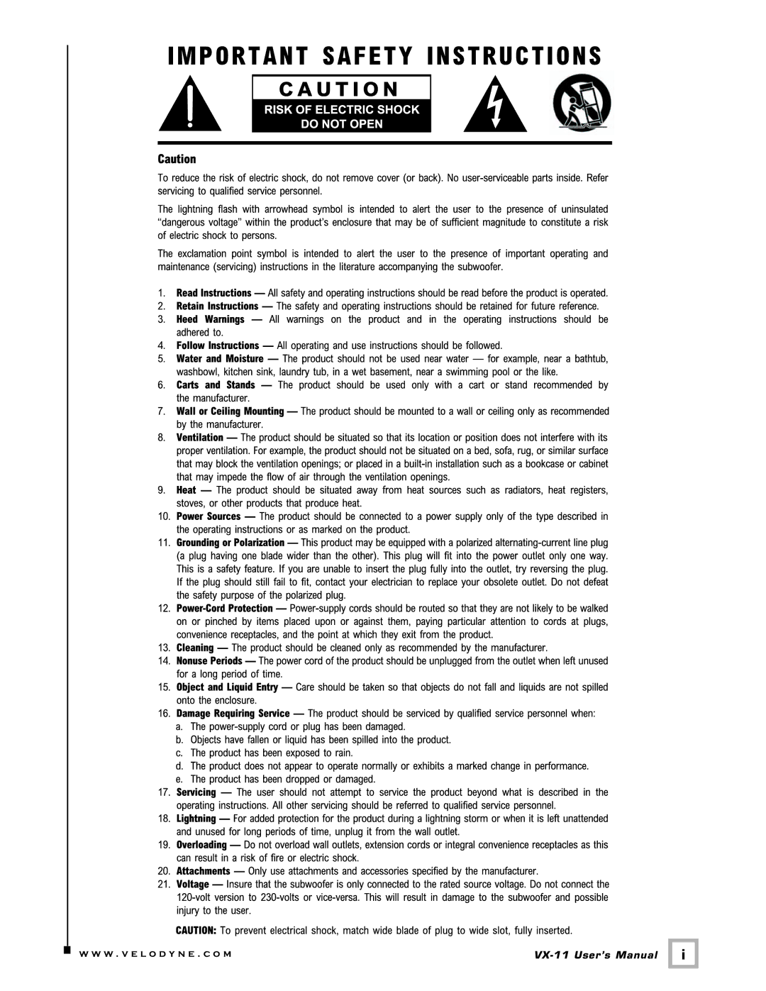 Velodyne Acoustics user manual VX-11 User’s Manual 