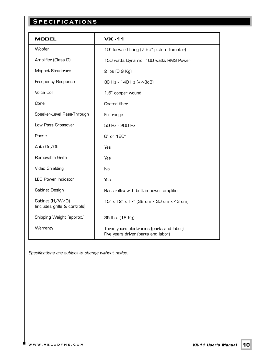 Velodyne Acoustics VX-11 user manual Specification s, Model 