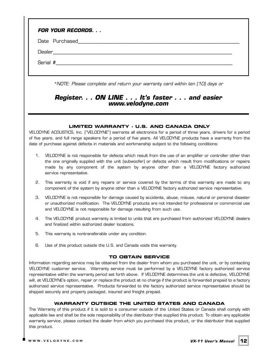 Velodyne Acoustics VX-11 user manual Register. . . on Line . . . It’s faster . . . and easier 