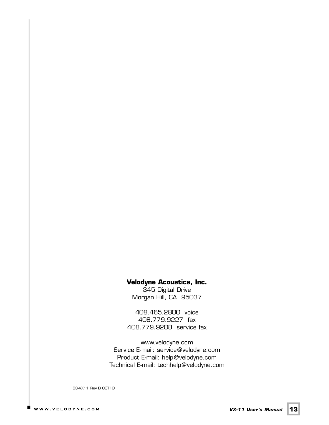 Velodyne Acoustics VX-11 user manual Velodyne Acoustics, Inc 