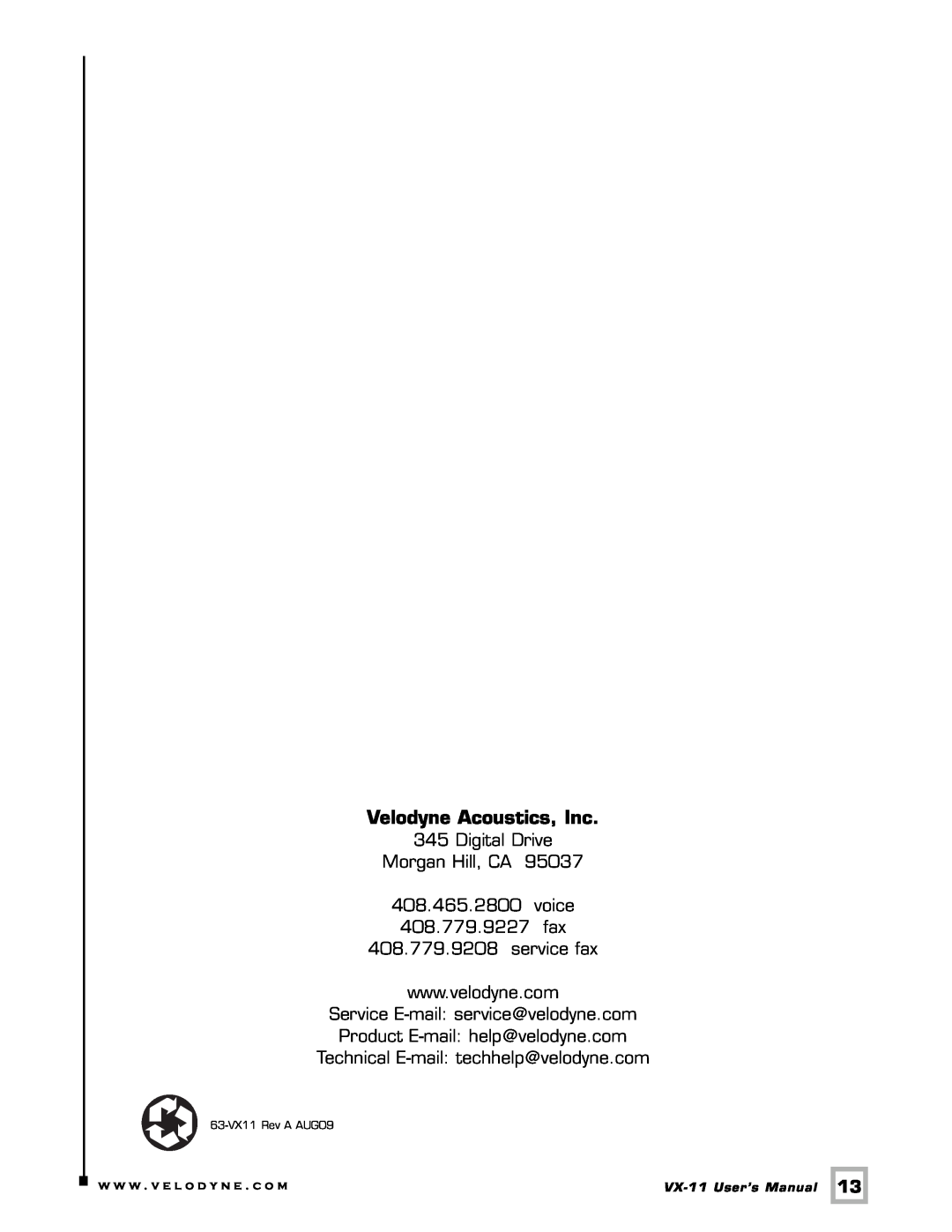 Velodyne Acoustics user manual Velodyne Acoustics, Inc, Digital Drive Morgan Hill, CA, VX-11User’s Manual 
