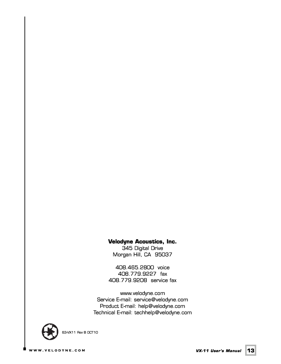 Velodyne Acoustics user manual Velodyne Acoustics, Inc, Digital Drive Morgan Hill, CA, VX-11 User’s Manual 