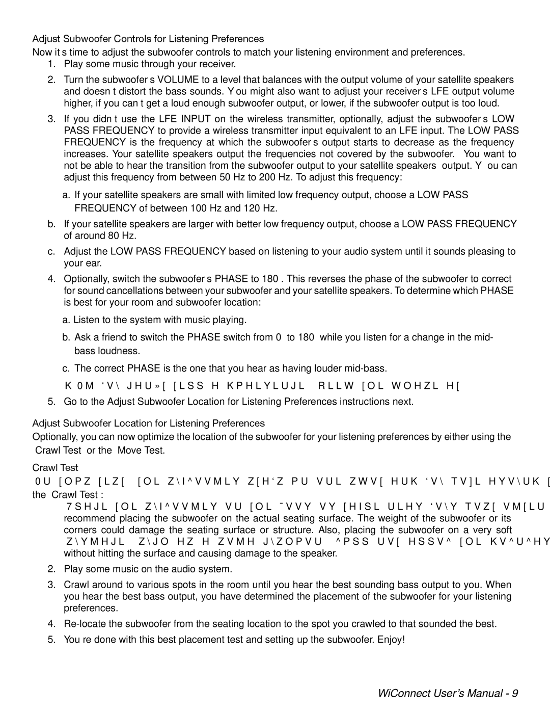 Velodyne Acoustics WiConnect user manual Adjust Subwoofer Controls for Listening Preferences, Crawl Test 