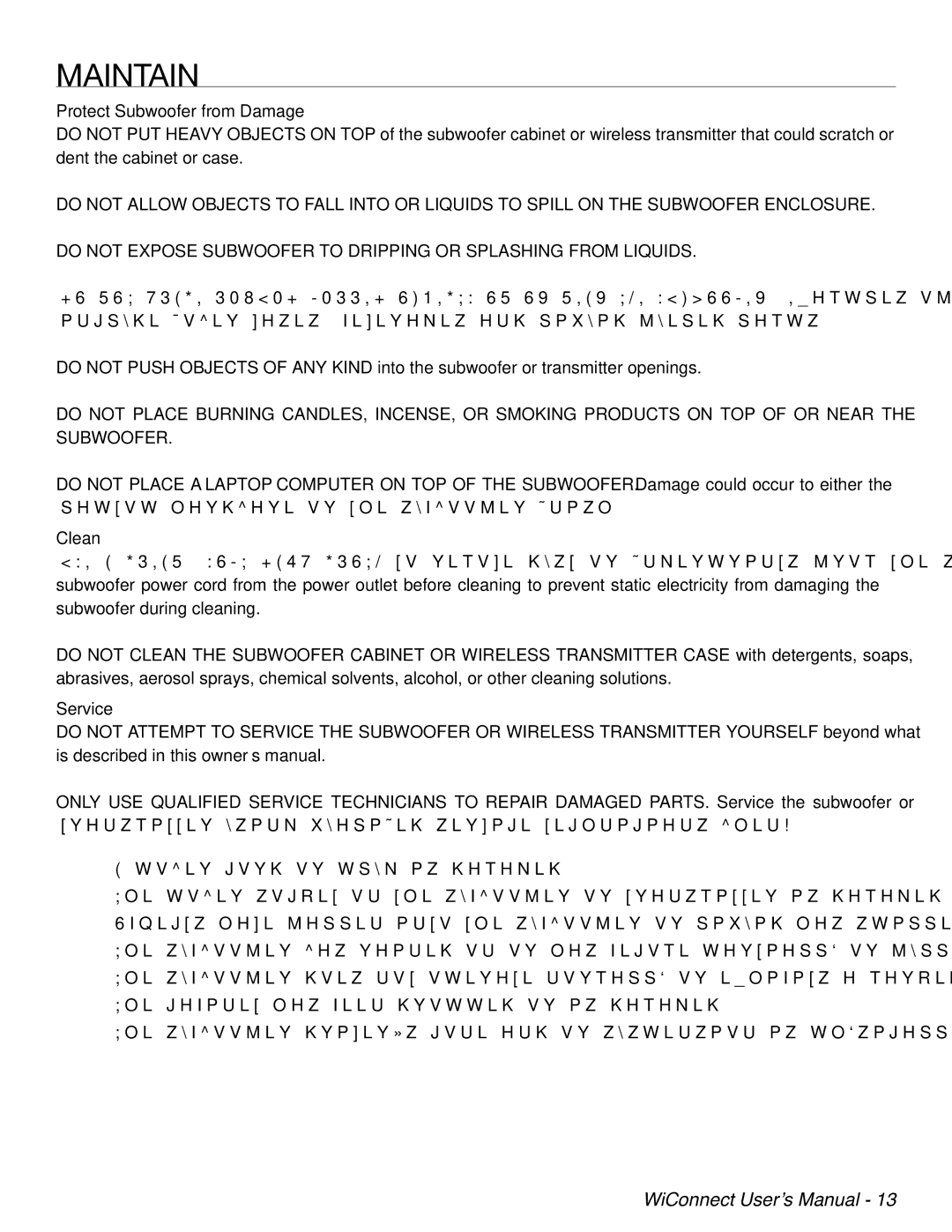 Velodyne Acoustics WiConnect user manual Maintain, Protect Subwoofer from Damage, Clean, Service 