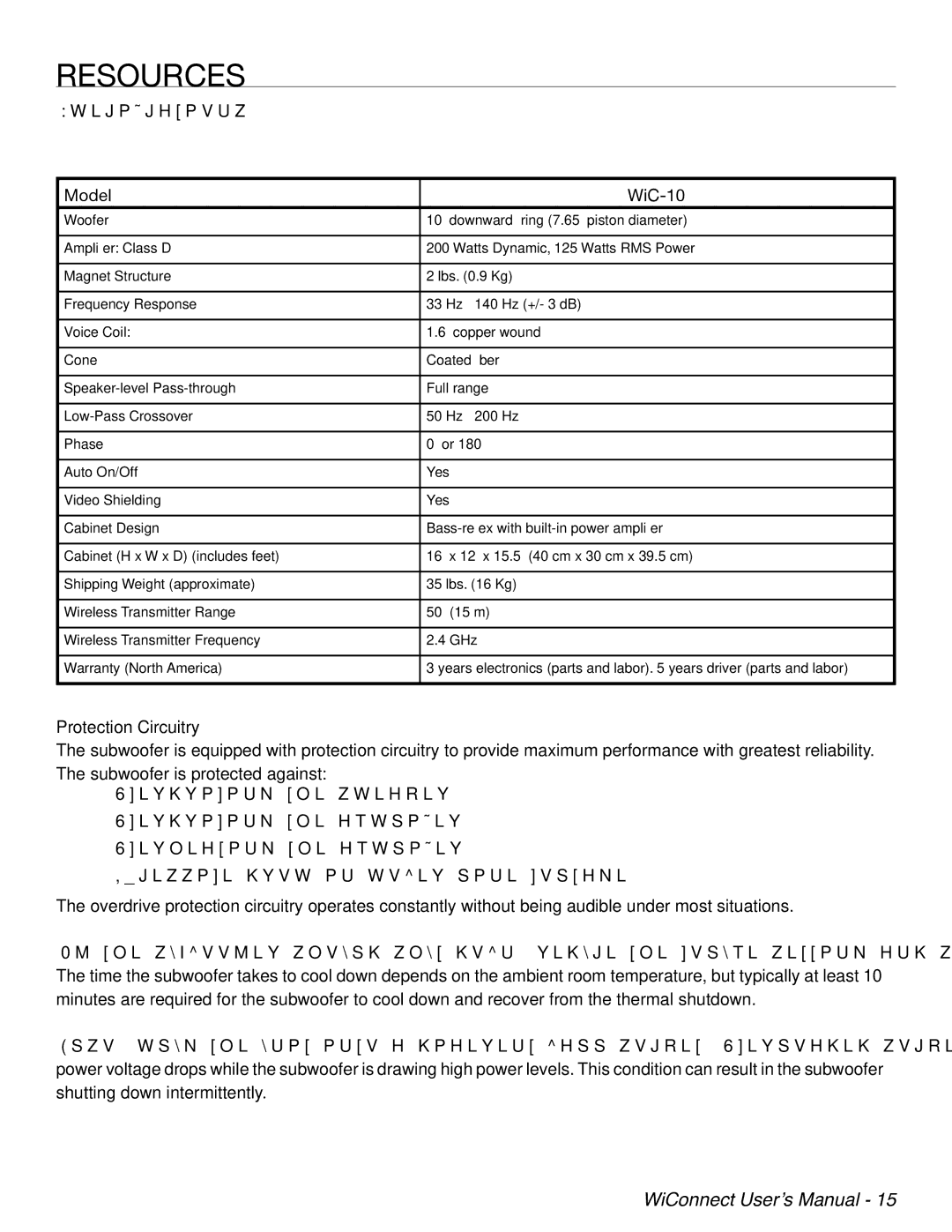 Velodyne Acoustics WiConnect user manual Resources, Specifications, Protection Circuitry 