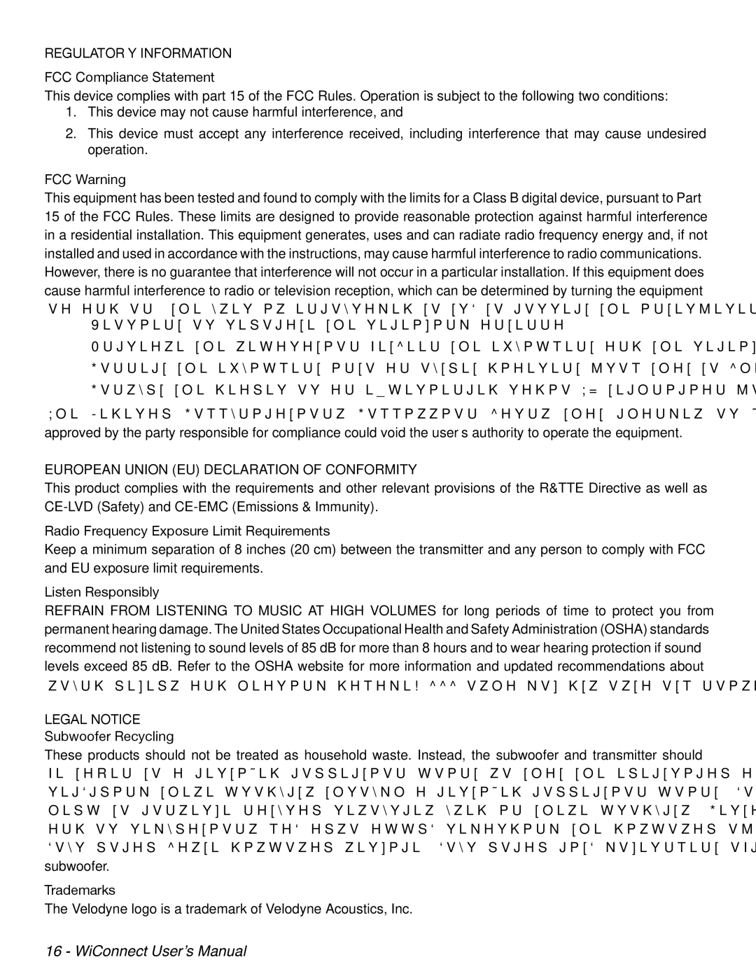 Velodyne Acoustics WiConnect Regulatory Information FCC Compliance Statement, FCC Warning, Listen Responsibly, Trademarks 