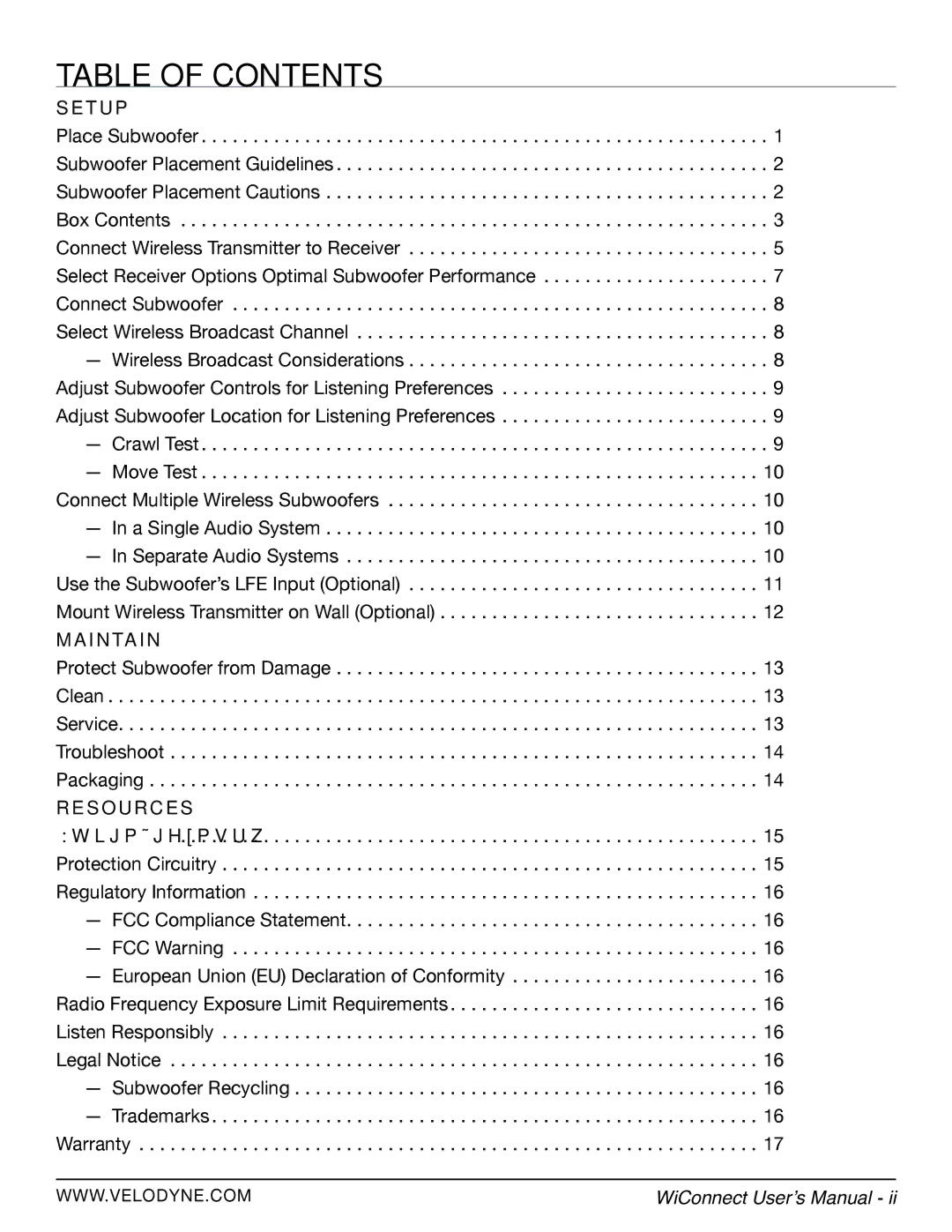 Velodyne Acoustics WiConnect user manual Table of Contents 