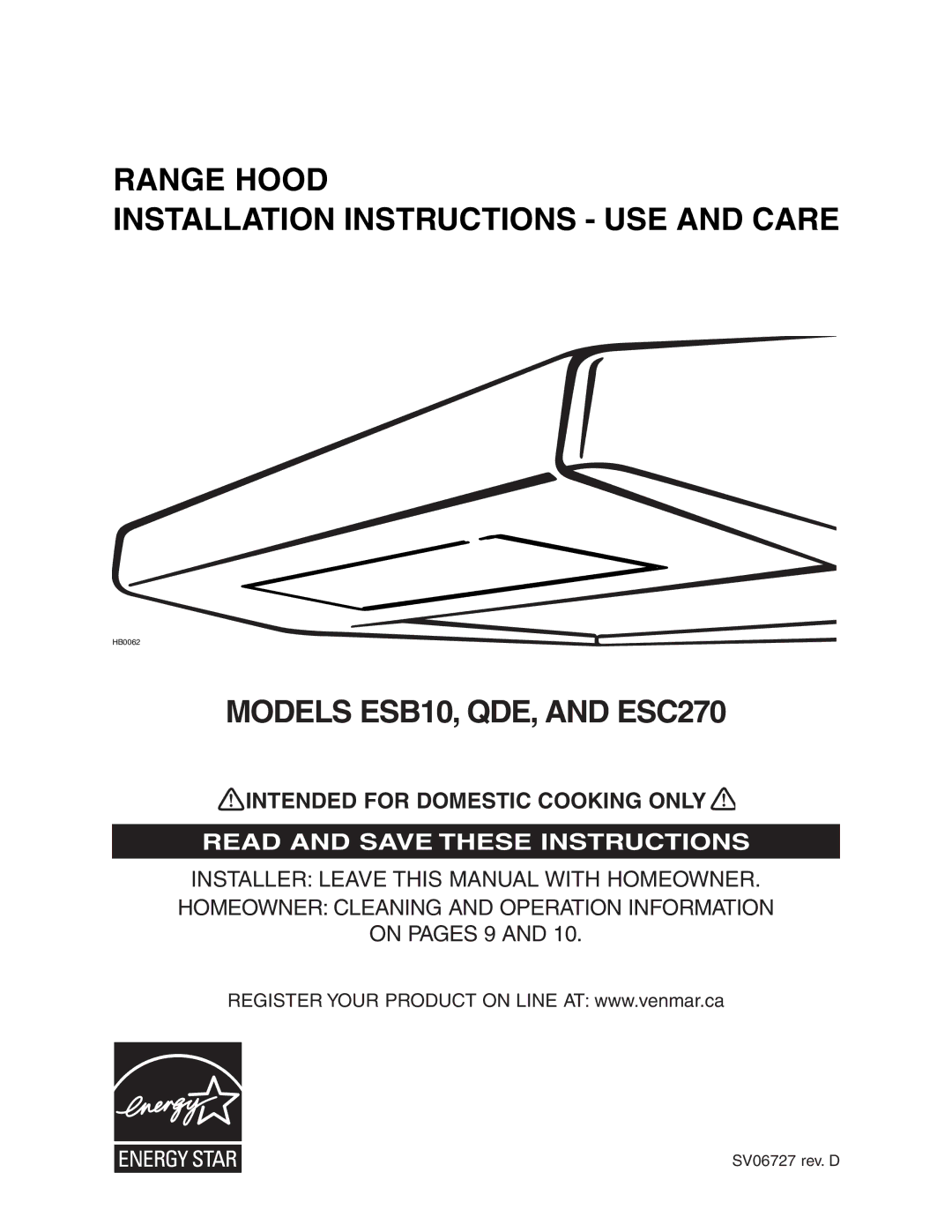 Venmar manual Models ESB10, QDE, and ESC270 