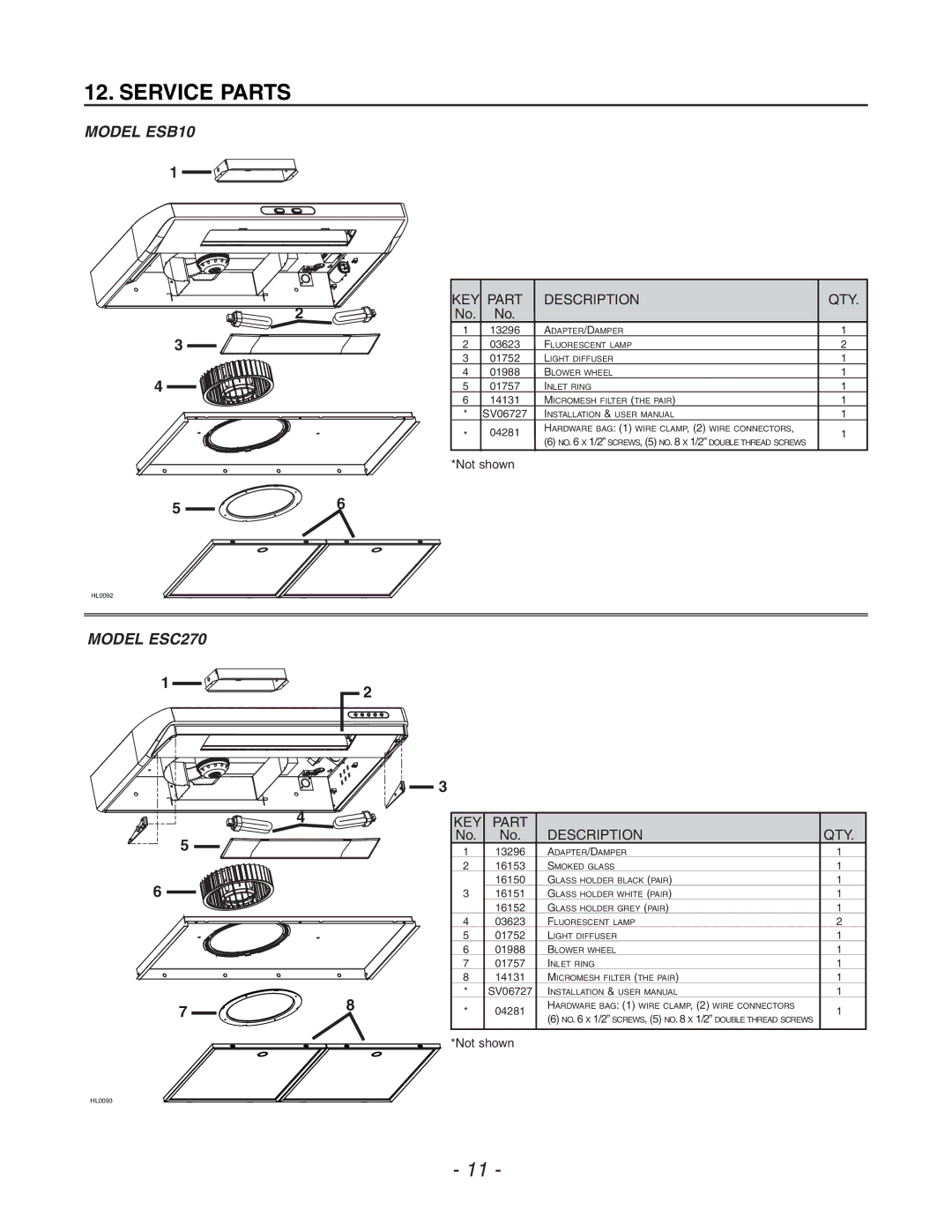 Venmar QDE manual Service Parts, Model ESB10, Model ESC270 