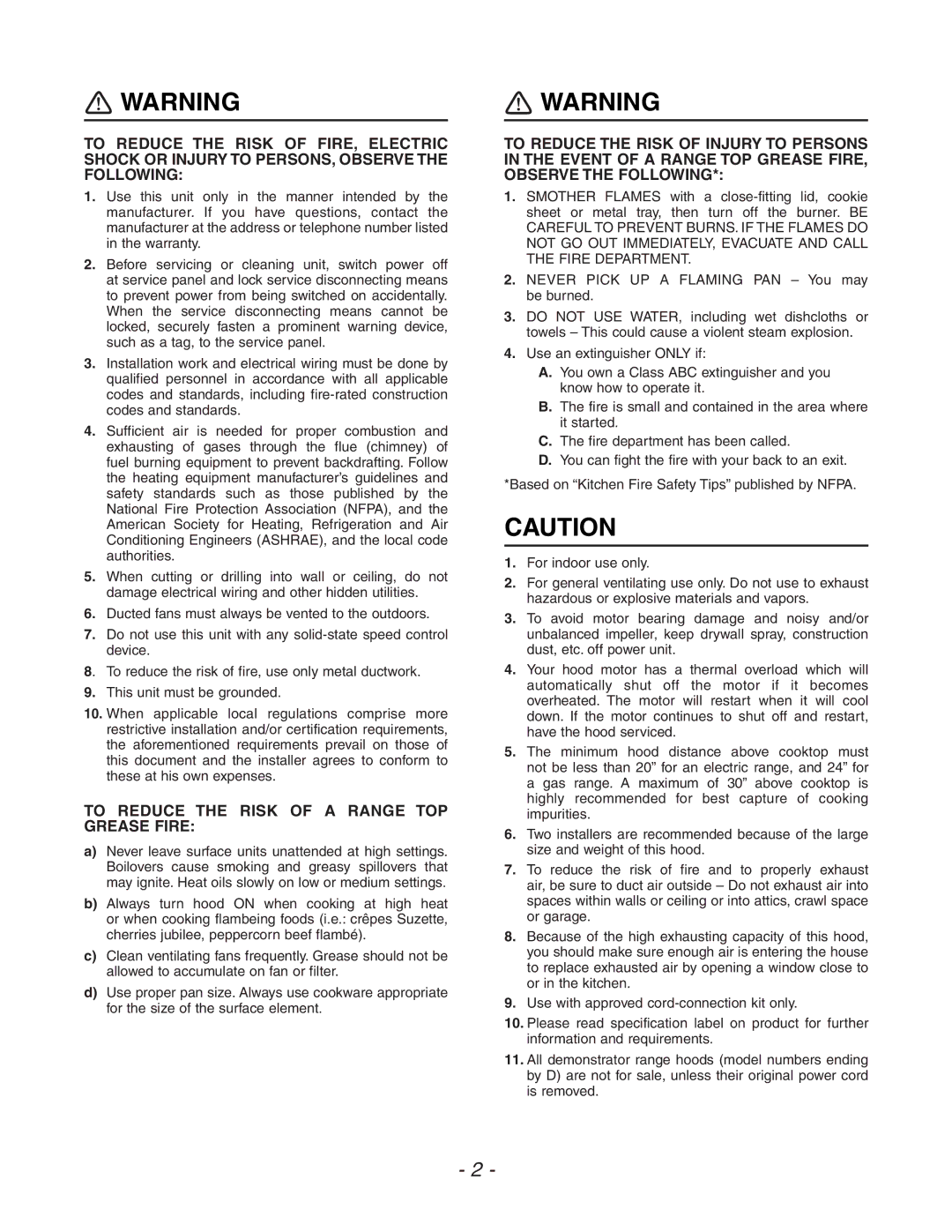 Venmar ESC270, QDE, ESB10 manual To Reduce the Risk of a Range TOP Grease Fire 