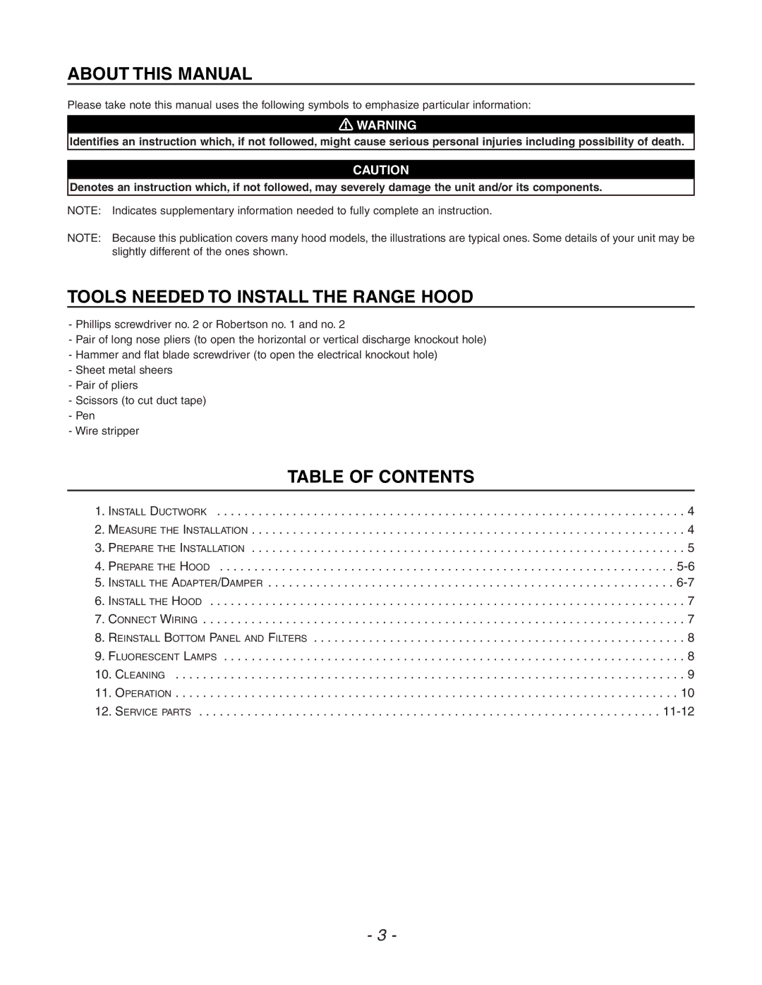 Venmar QDE, ESB10, ESC270 manual About this Manual, Tools Needed to Install the Range Hood, Table of Contents 