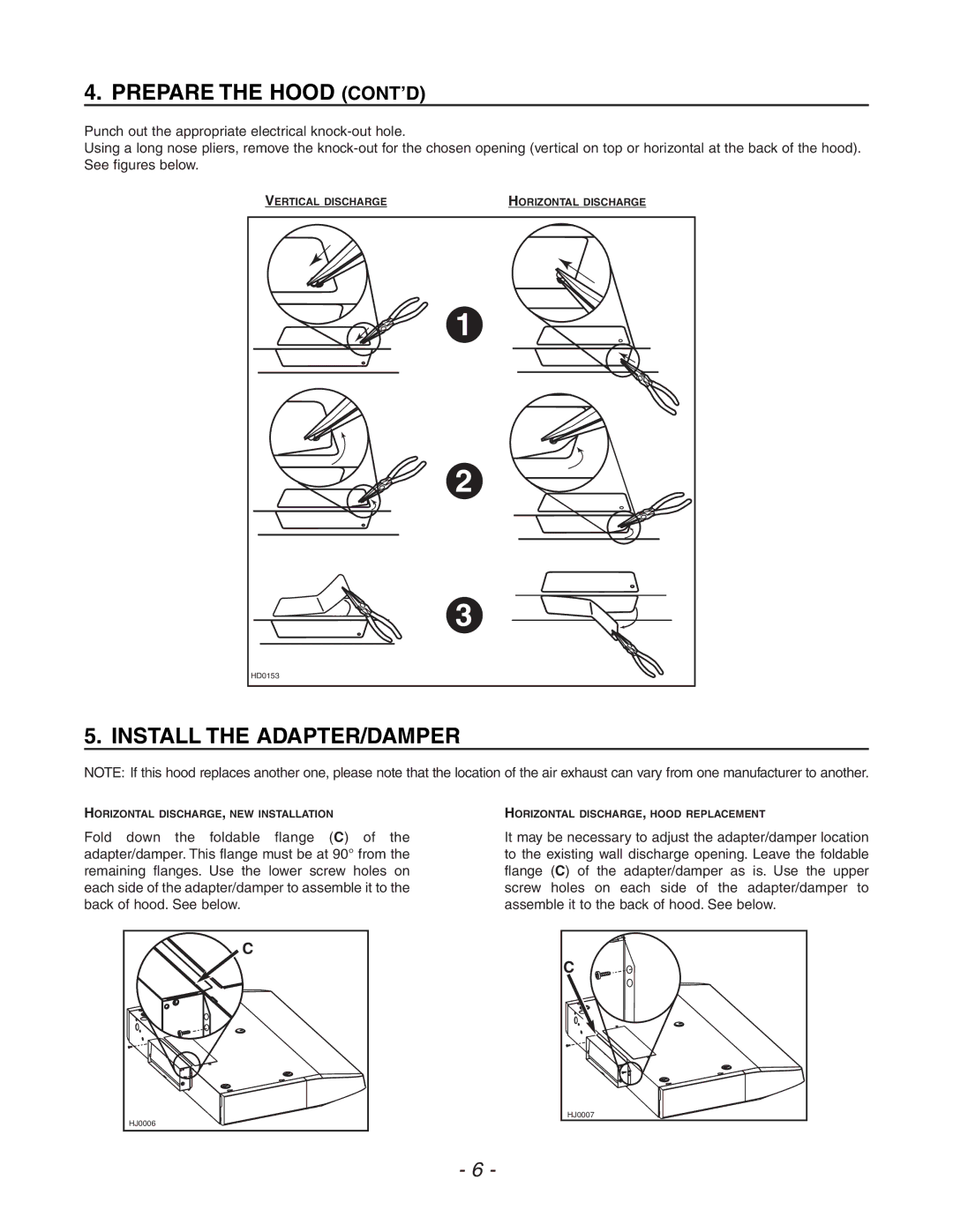 Venmar QDE, ESB10, ESC270 manual Prepare the Hood CONT’D, Install the ADAPTER/DAMPER 