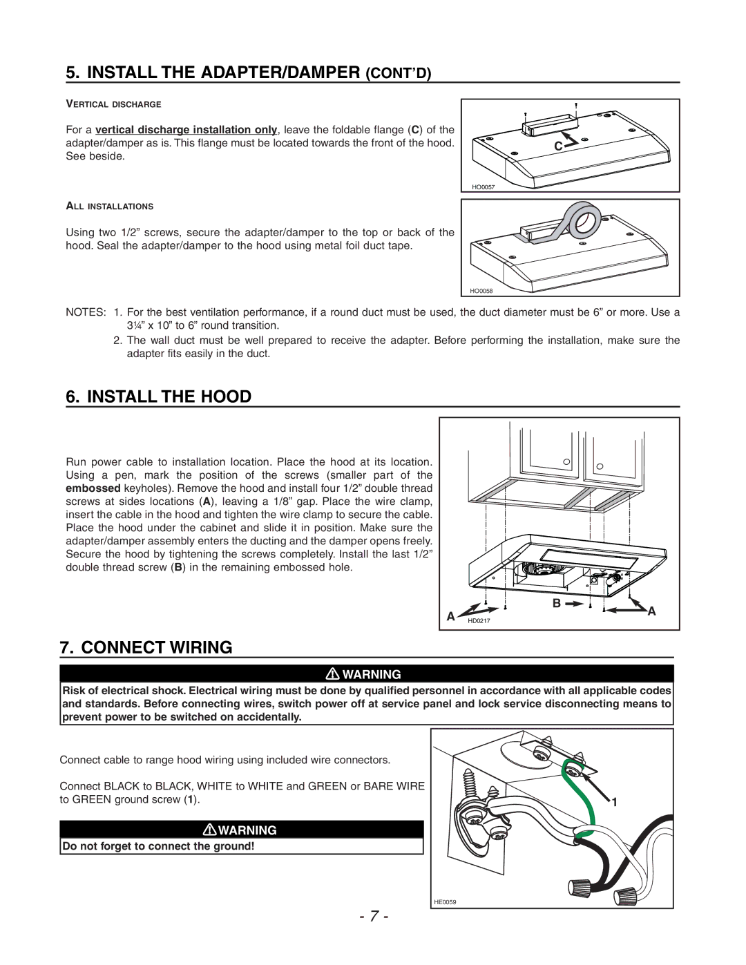 Venmar ESB10, QDE, ESC270 manual Install the ADAPTER/DAMPER CONT’D, Install the Hood, Connect Wiring 