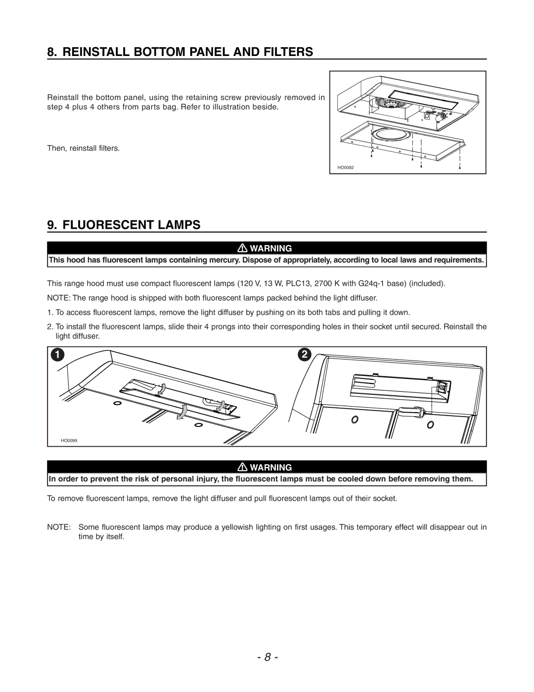 Venmar ESC270, QDE, ESB10 manual Reinstall Bottom Panel and Filters, Fluorescent Lamps 