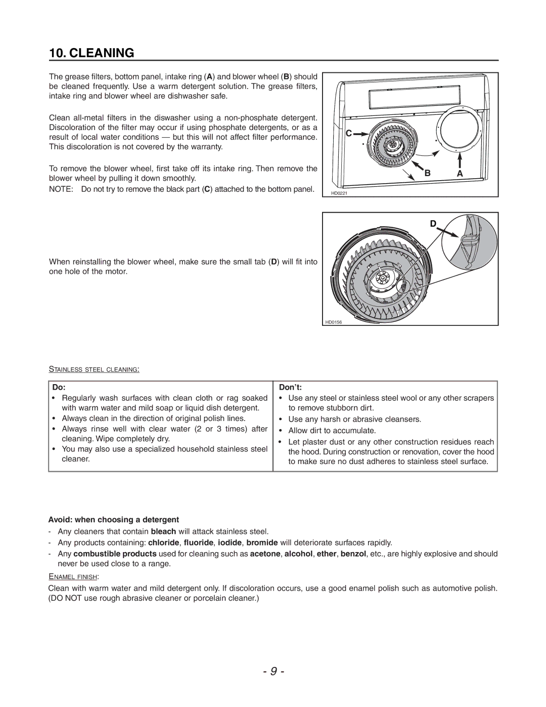 Venmar QDE, ESB10, ESC270 manual Cleaning, Don’t 