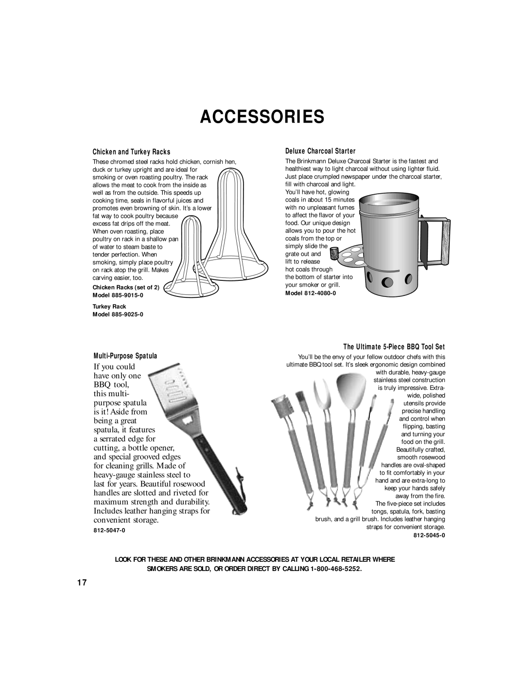 Vent-a-Hood 812-3450-0 (Hickory) owner manual Chicken and Turkey Racks, Deluxe Charcoal Starter, Multi-Purpose Spatula 