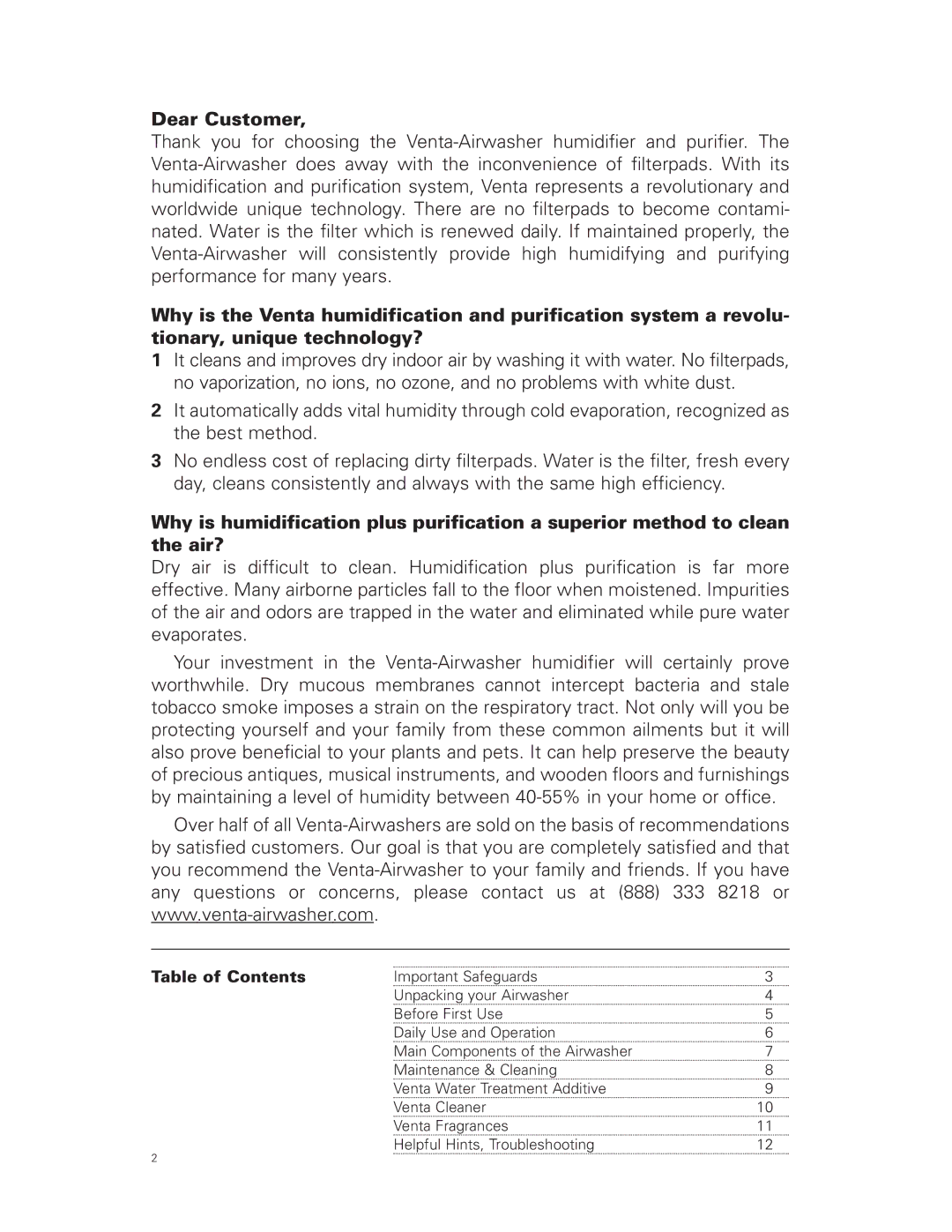 Venta Airwasher LW 44, LW 24, LW 14 user manual Dear Customer, Table of Contents 