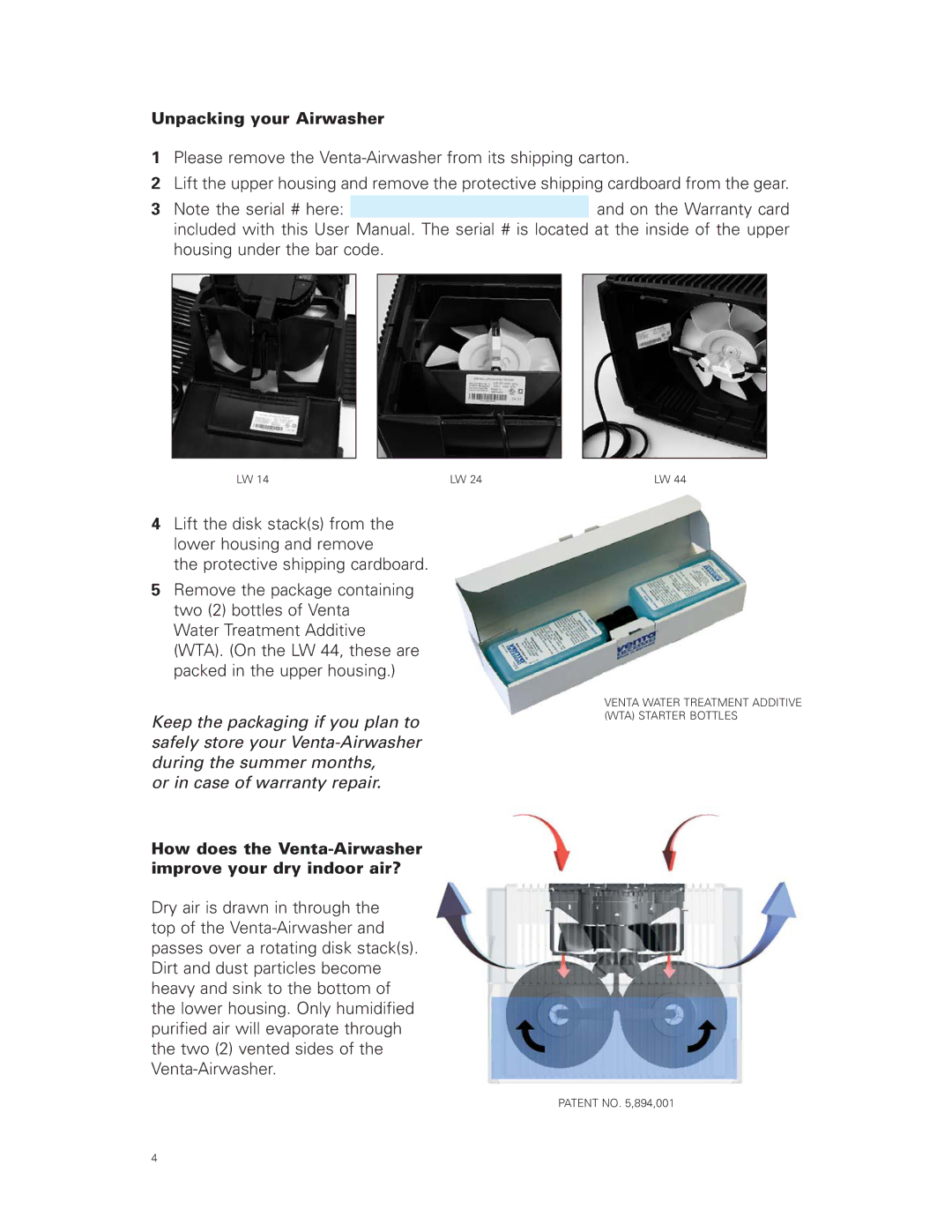 Venta Airwasher LW 14, LW 24, LW 44 Unpacking your Airwasher, How does the Venta-Airwasher improve your dry indoor air? 