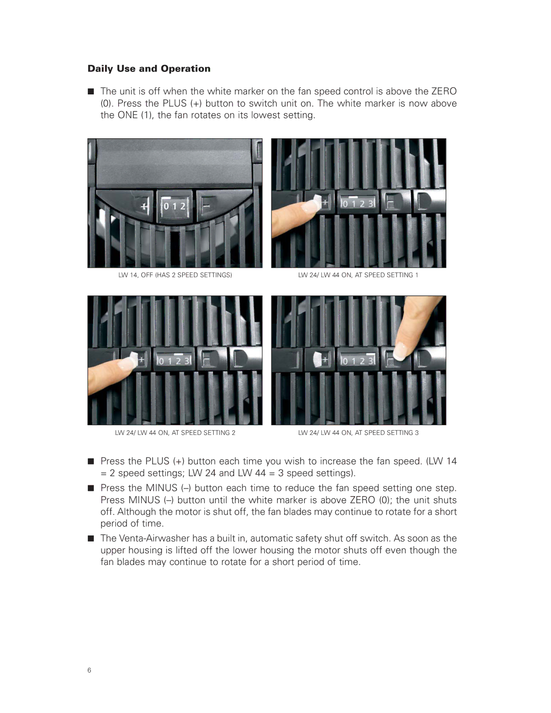 Venta Airwasher LW 24, LW 14, LW 44 user manual Daily Use and Operation 