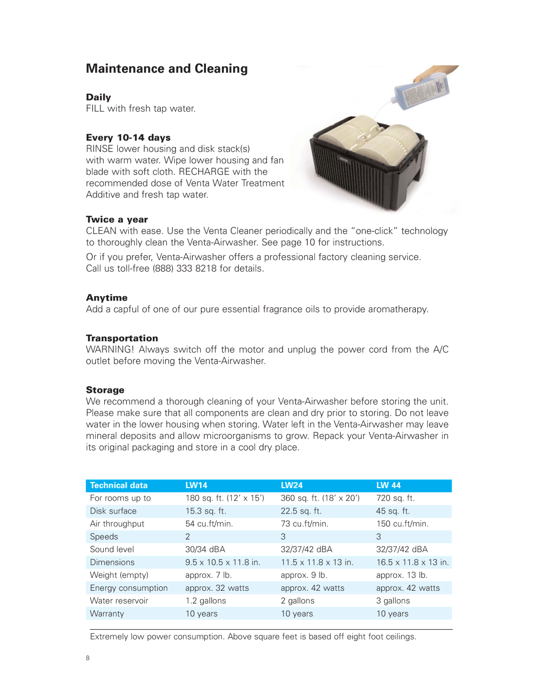 Venta Airwasher LW 44, LW 24, LW 14 user manual Maintenance and Cleaning 