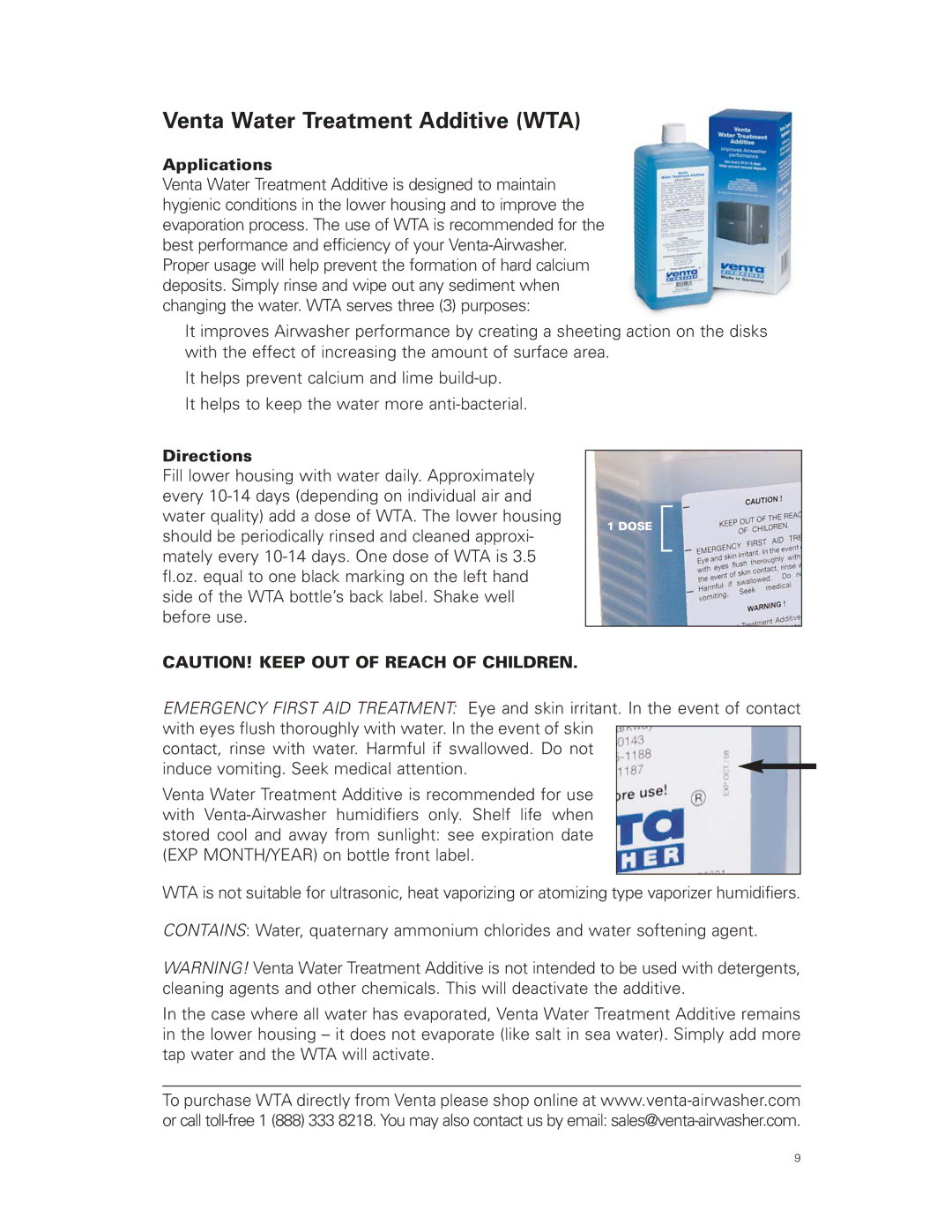 Venta Airwasher LW 24, LW 14, LW 44 user manual Venta Water Treatment Additive WTA, Applications, Directions 