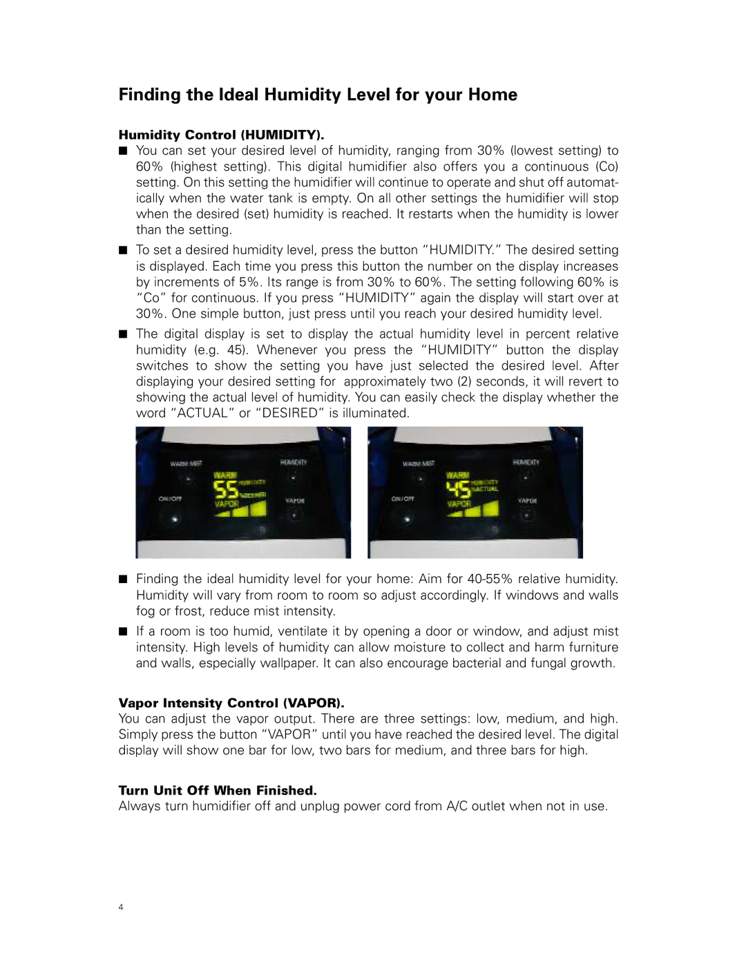 Venta Airwasher VS 207 user manual Finding the Ideal Humidity Level for your Home, Humidity Control Humidity 