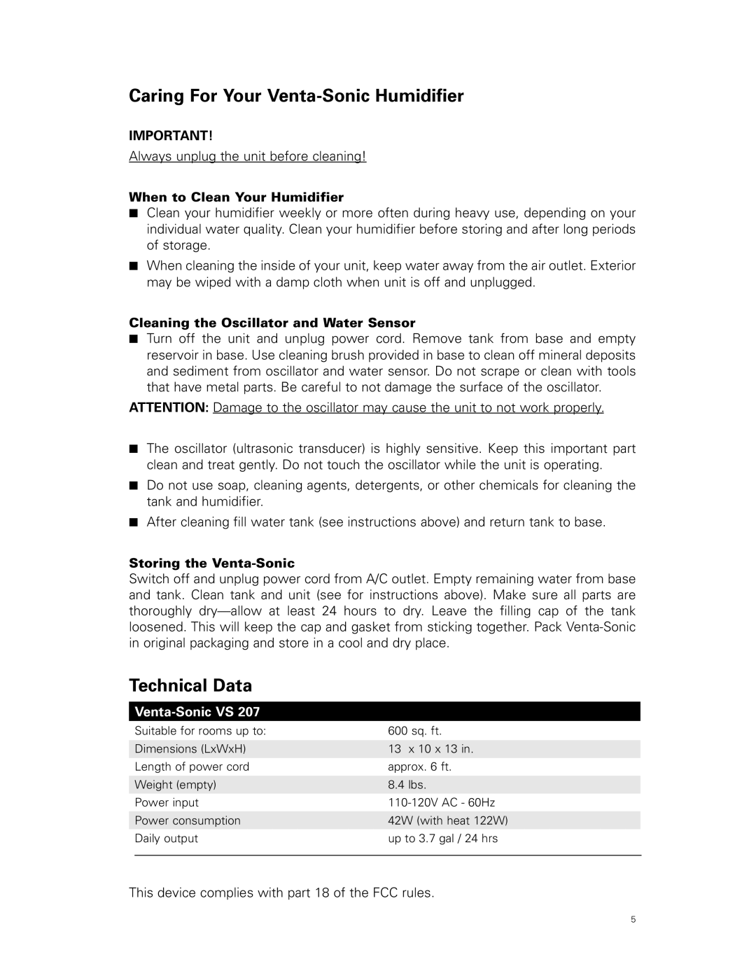 Venta Airwasher VS 207 user manual Caring For Your Venta-Sonic Humidifier, Technical Data, When to Clean Your Humidifier 