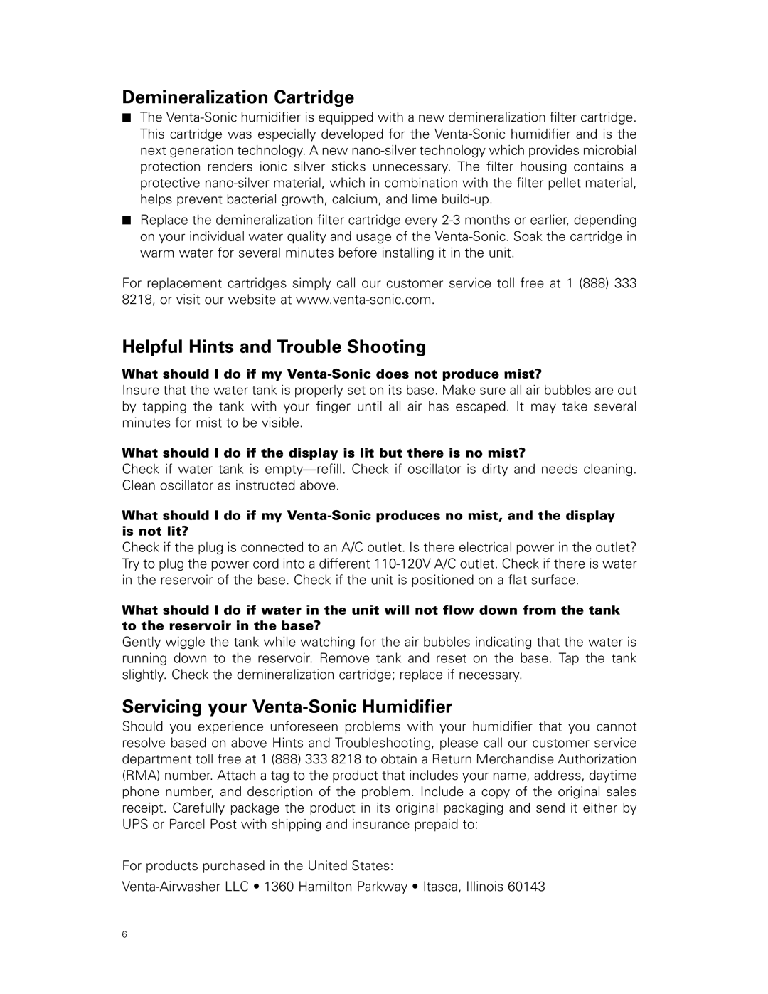 Venta Airwasher VS 207 user manual Demineralization Cartridge, Helpful Hints and Trouble Shooting 