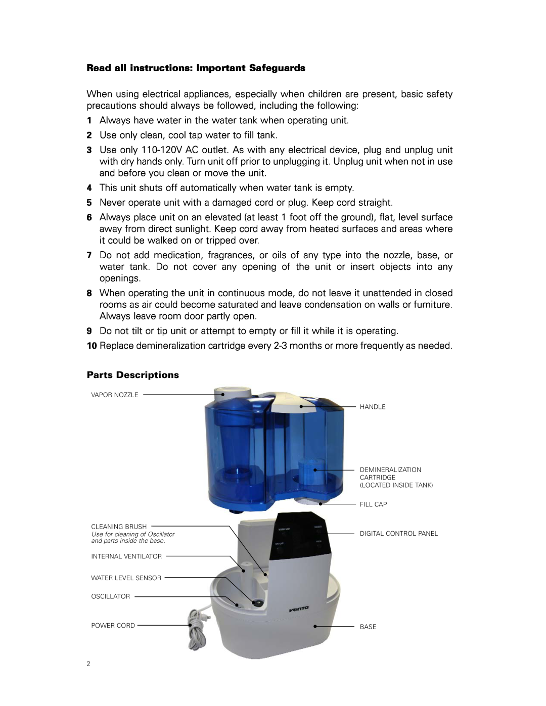 Venta Airwasher VS 207 user manual Read all instructions Important Safeguards, Parts Descriptions 